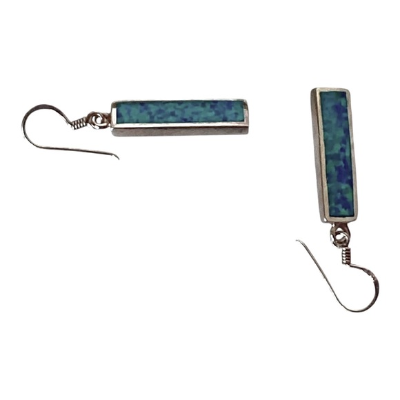 Sterling Silver 925 Blue Opal Stone Bar Earrings - Picture 4 of 9